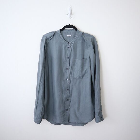 CLOSED Size L Silk Button Down Blouse Snap Epaulette Long Sleeve Dusty Olive - Picture 1 of 10